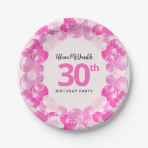 Fun Pink Balloons Faux Glitter 30th Birthday Party Paper Plate