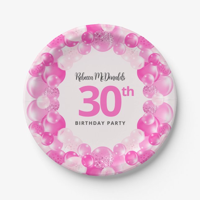Fun Pink Balloons Faux Glitter 30th Birthday Party Paper Plate (Front)