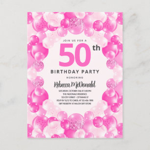 Fun Pink Balloons Faux Glitter 50th Birthday Party Invitation Postcard