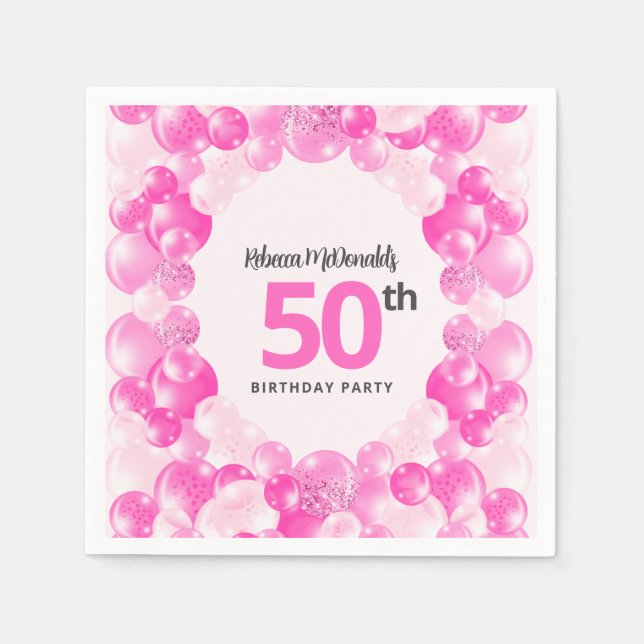 Fun Pink Balloons Faux Glitter 50th Birthday Party Napkin (Front)