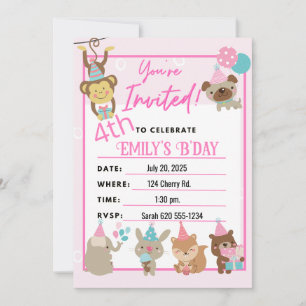 Fun pink birthday party animals, balloons, gifts invitation