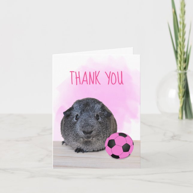 Fun Pink Black Soccer Ball Guinea Pig Custom Thank You Card (Front)