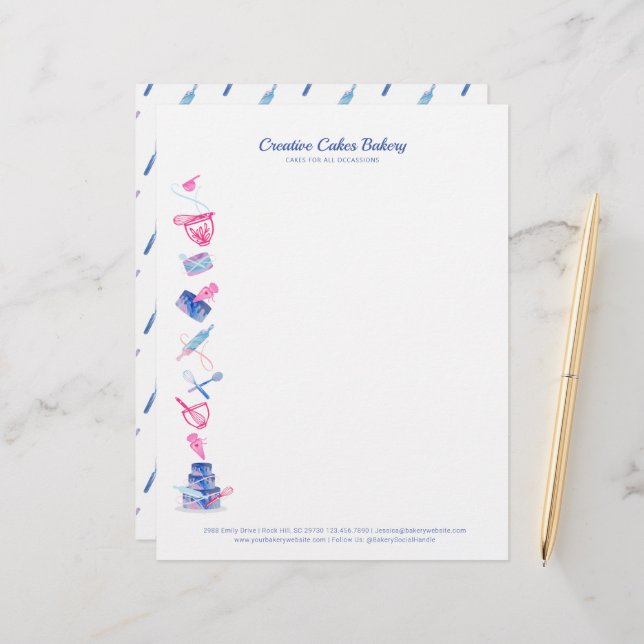 Fun Pink & Blue Bakery Cake Shop Baking Tools Custom Letterhead (Front/Back In Situ)