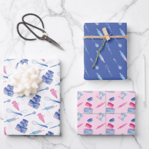 Fun Pink Blue Baking Utensils & Marble Glaze Cake Wrapping Paper Sheet