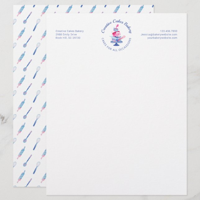 Fun Pink & Blue Marble Bakery Cake & Tools Logo Custom Letterhead (Front/Back)