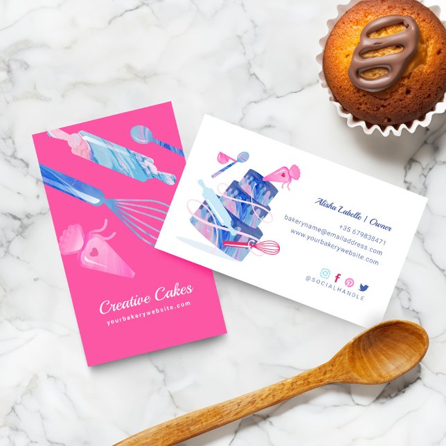 Fun Pink Blue Marble Bakery Tools & Utensils Pink Business Card (Fun Pink Blue Marble Bakery Tools & Utensils Pink Business Card)