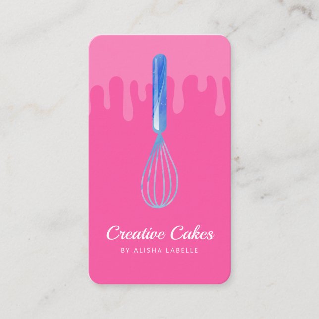 Fun Pink Blue Marble Bakery Whisk Pink Business Card (Front)