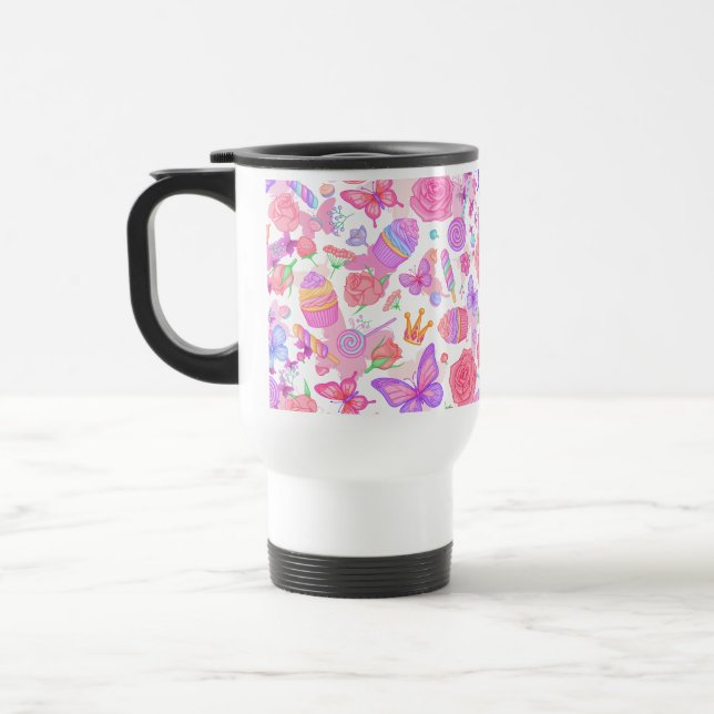 Fun Pink Butterfly, Cupcake, Candy Pattern Travel Mug (Left)