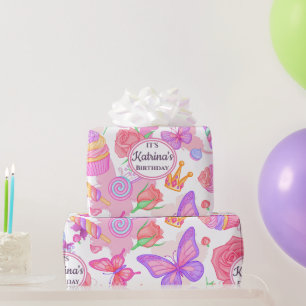 Fun Pink Butterfly, Cupcake, Candy Pattern Wrapping Paper