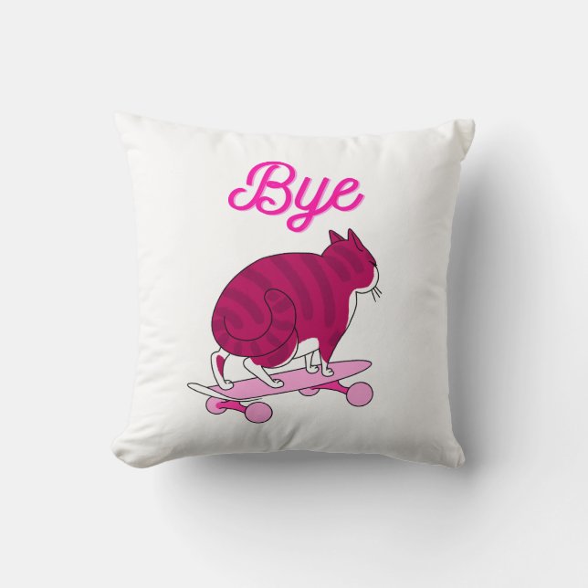 Fun Pink Cat Bye Text Cushion (Front)