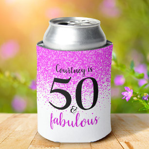 Fun pink confetti 50 and fabulous custom name can cooler