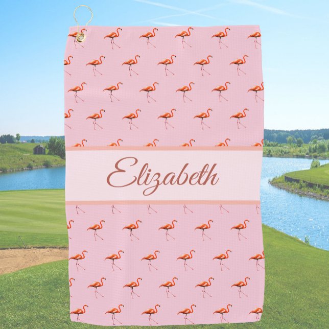 Fun pink custom name ladies flamingo golf towel (Creator Uploaded)