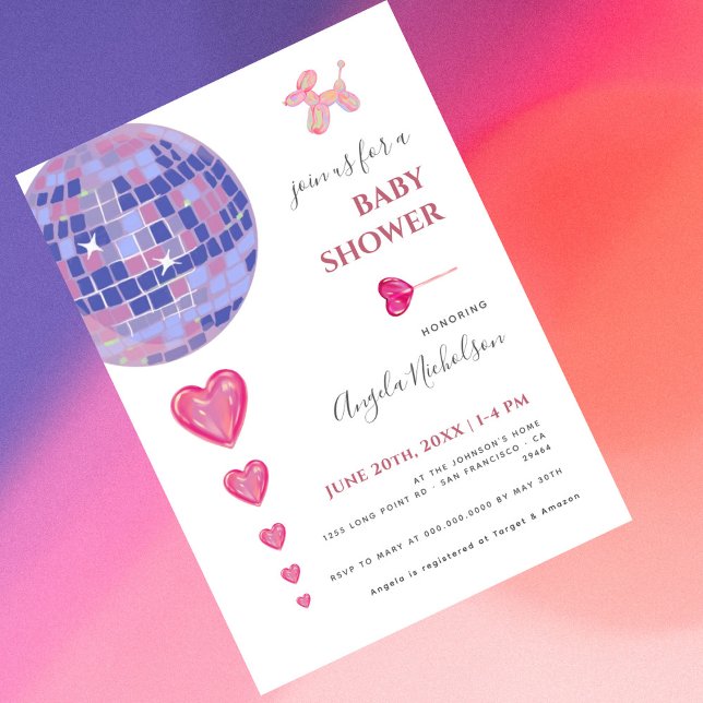 Fun Pink Disco Ball Ballons Girl Baby Shower Invitation (Creator Uploaded)