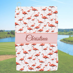 Fun pink flamingo custom name golf towel