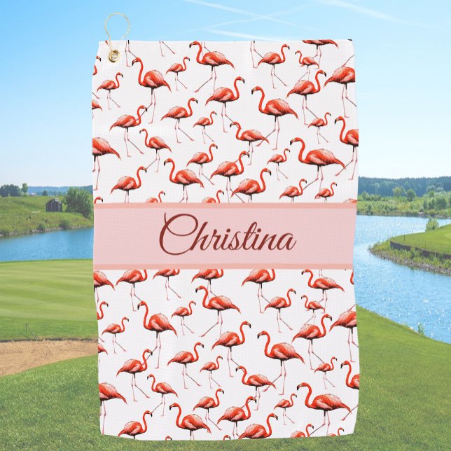 Fun pink flamingo custom name golf towel  (Creator Uploaded)