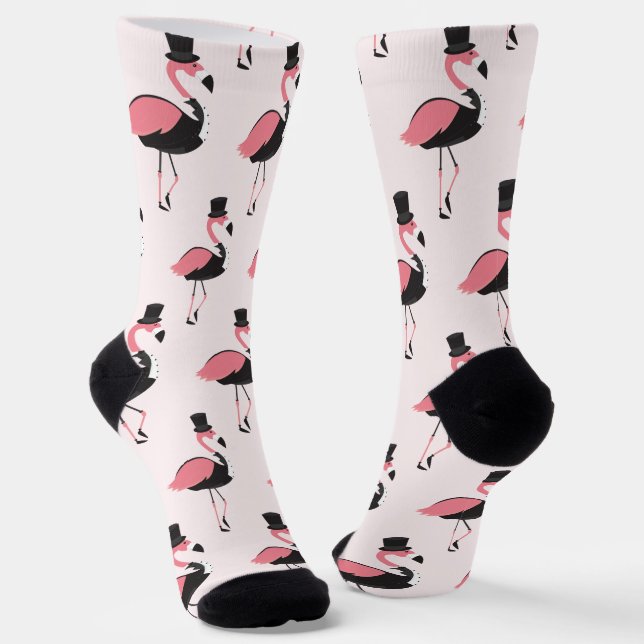 Fun Pink Flamingo Tuxedo Pattern Animal Socks (Angled)