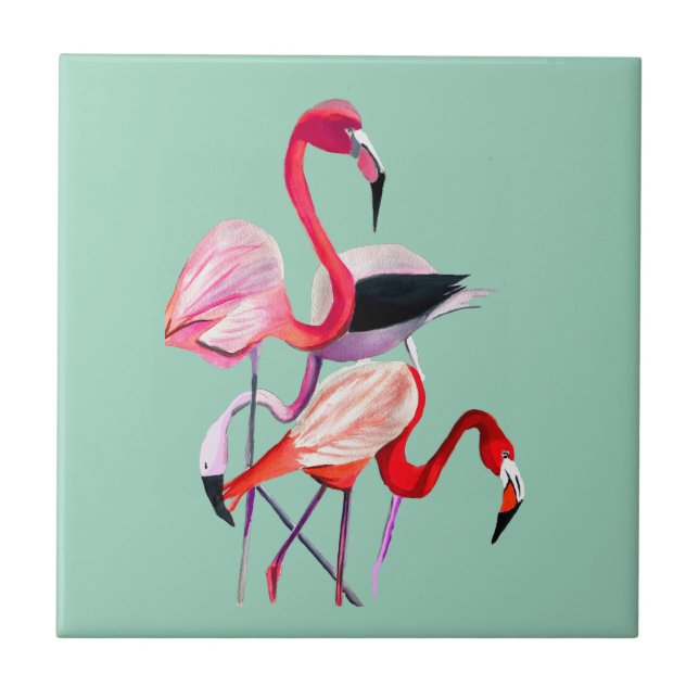 Fun pink flamingo watercolor illustration tile (Front)