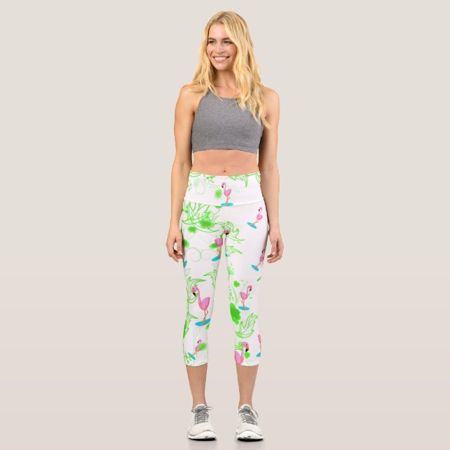 Fun pink flamingos and green vines capri leggings (Front)