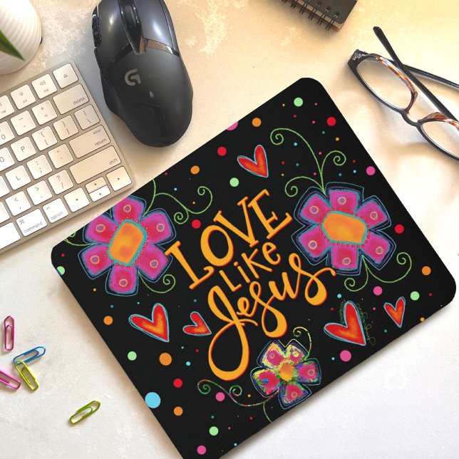 Fun Pink Floral Black Love Like Jesus Inspirivity Mouse Pad (Creator Uploaded)
