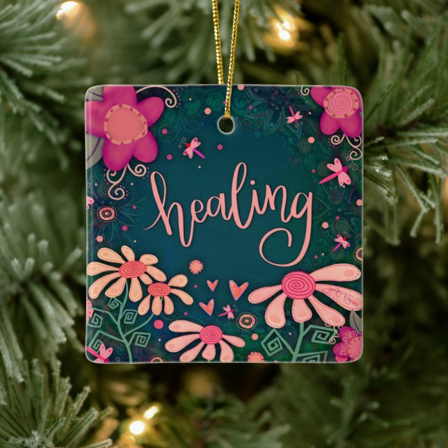 Fun Pink Floral Healing Pretty Heart Inspirivity   Ceramic Ornament (Tree)