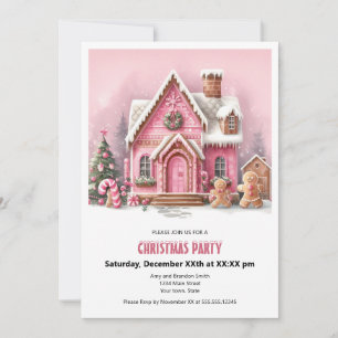 Fun Pink Gingerbread House Christmas Party Holiday Card