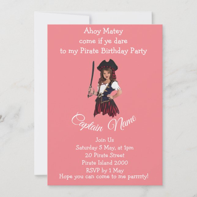 Fun Pink Girl Pirate  Invitation (Front)
