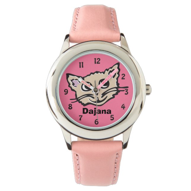 Fun pink girls cat kitten graphic name wrist watch (Front)