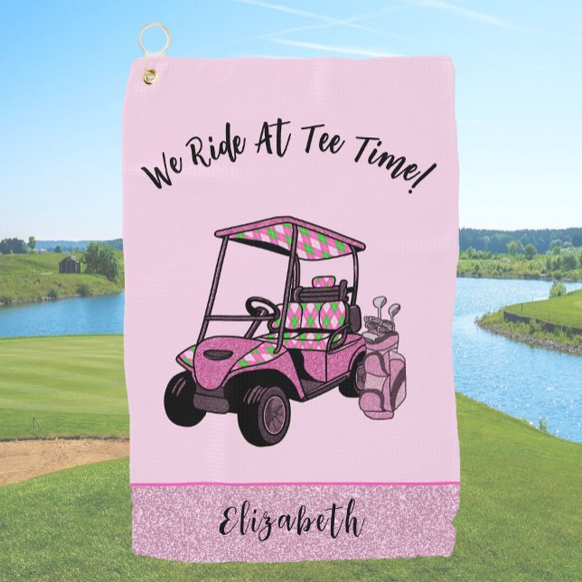Fun Pink Glitter Golf Cart Personalised Ladies Golf Towel (Creator Uploaded)