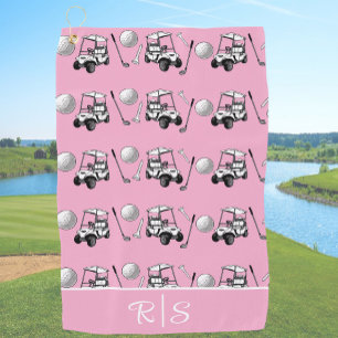 Fun Pink Golf Balls and Cute Cart Custom Monogram Towel