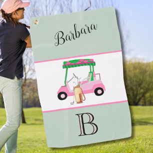 Fun Pink Golf Cart Monogram Name Golf Towel