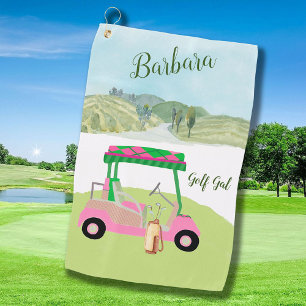 Fun Pink Golf Cart Scenic Personalised Name Golf Towel