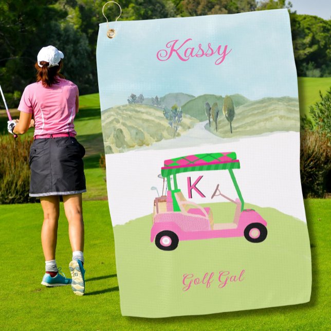 Fun Pink Golf Cart Scenic Personalised Name Golf Towel (Creator Uploaded)