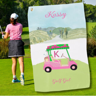 Fun Pink Golf Cart Scenic Personalized Name Golf Towel