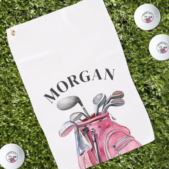 Fun Pink Golf Clubs Monogram Name Towel (Pink Name Monogram Golf Towel)