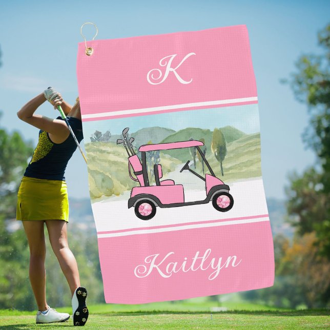 Fun Pink Golf Gal Cart Monogram Name    Towel (Creator Uploaded)
