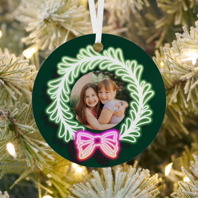 Fun Pink Green Neon Lights Christmas Wreath Photo Metal Tree Decoration (Insitu)
