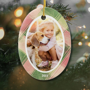 Fun Pink Green Plaid Custom Photo Christmas Tree Ceramic Tree Decoration