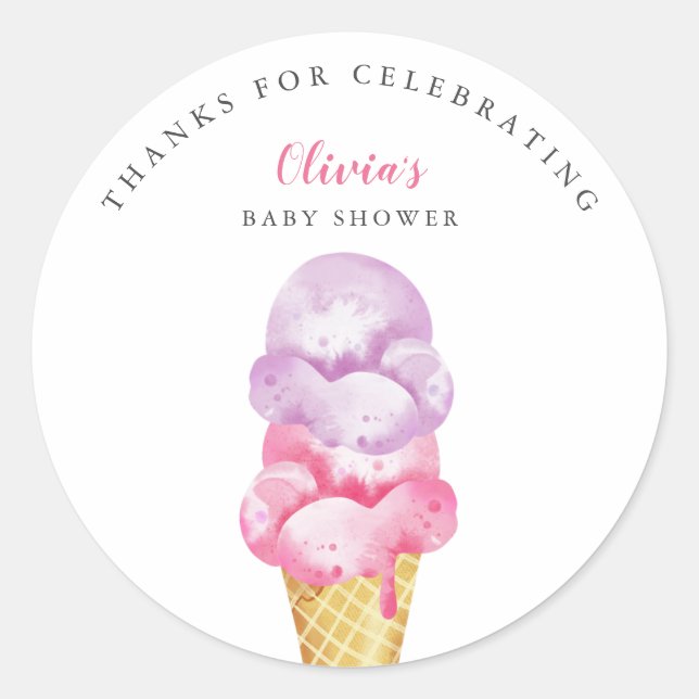 Fun Pink Ice Cream Baby Shower Favour Classic Round Sticker (Front)