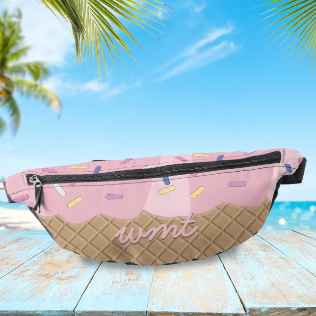 Fun Pink Ice Cream Cone Monogrammed Fanny Pack ( A fun summer fanny pack for all sorts of cool adventures. Add your initials & enjoy the beach!)