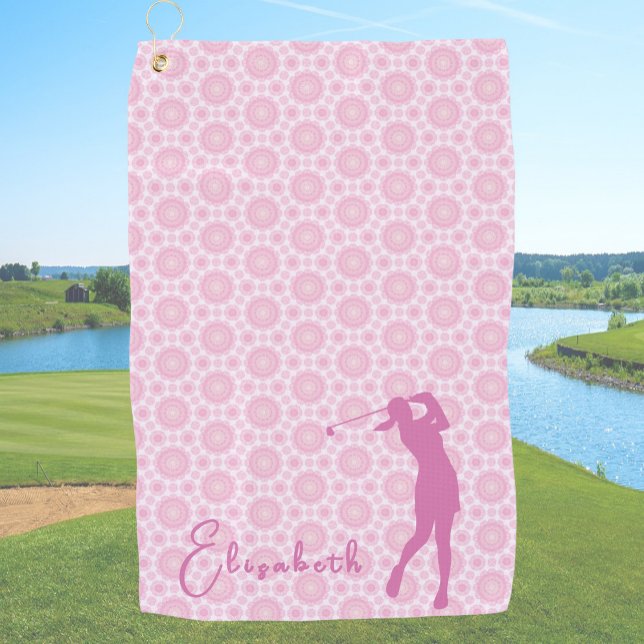 Fun Pink Lady Golfer Custom Name Golf Towel (Creator Uploaded)