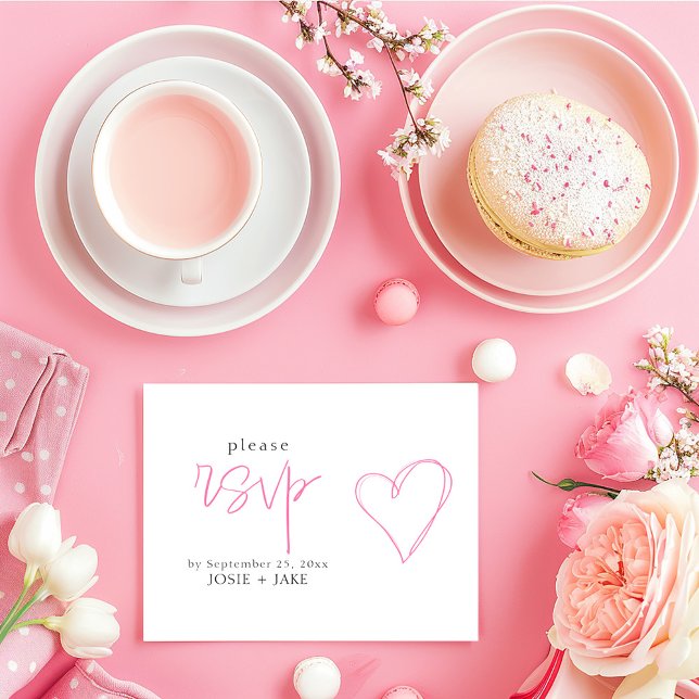 Fun pink love heart rsvp enclosure (Simple and clean pink and white "rsvp" wedding response card with a pink hand drawn style love heart)