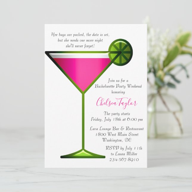 Fun Pink Martini Cocktail Hour Bachelorette Party Invitation (Standing Front)