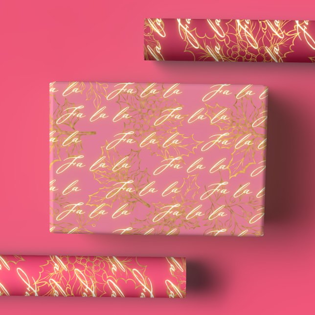 Fun Pink Metallic Monochrome Fa La La Christmas Wrapping Paper Sheet (Creator Uploaded)