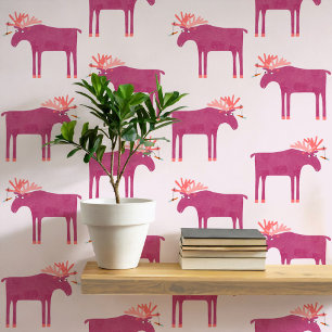 Fun Pink Moose Elk Pattern Wallpaper