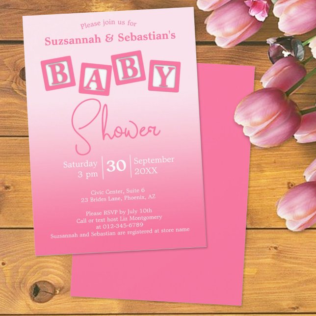 Fun Pink Ombre BABY Girl Blocks Shower Invitation (Creator Uploaded)