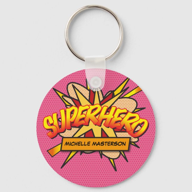Fun Pink Personalized Comic Book SUPERHERO Key Ring (Front)