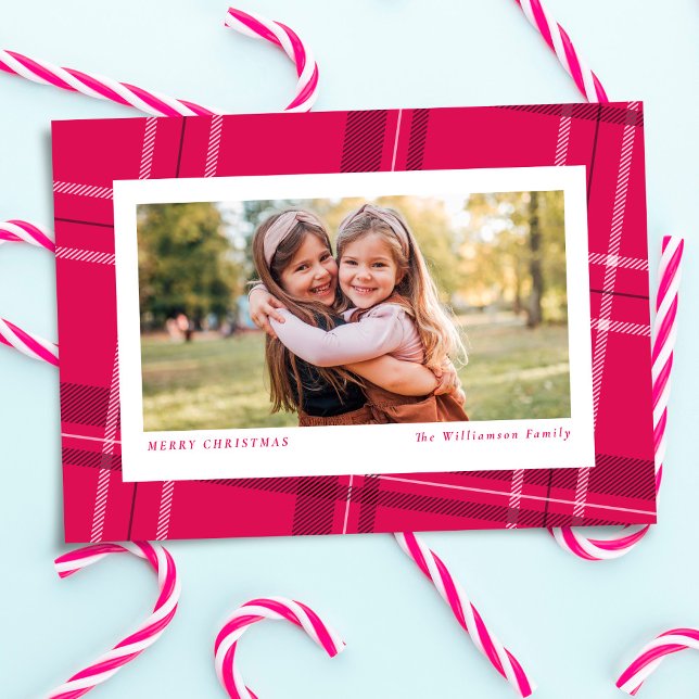 Fun pink plaid holiday photo card (Creator Uploaded)