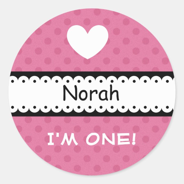 Fun PINK POLKA DOTS with Heart Girl 1st Birthday Classic Round Sticker (Front)