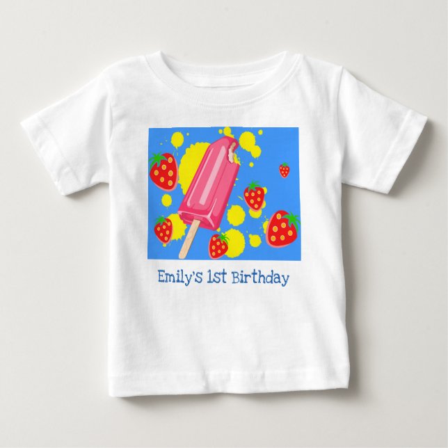Fun Pink Popsicle and Strawberries 1st Birthday Baby T-Shirt (Front)