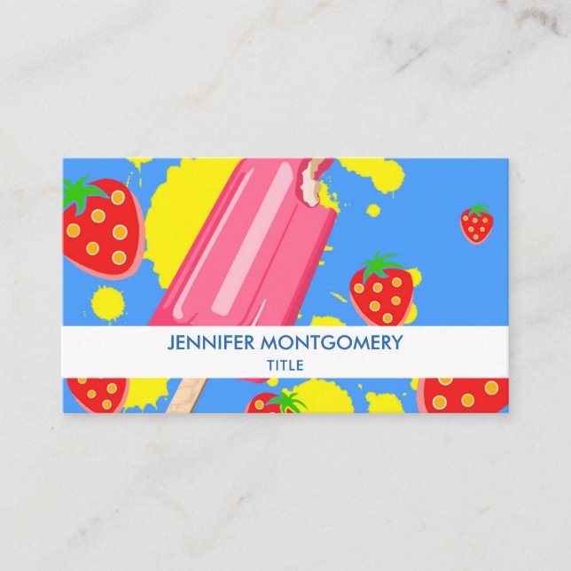 Fun Pink Popsicle and Strawberries Illustration Business Card (Front)
